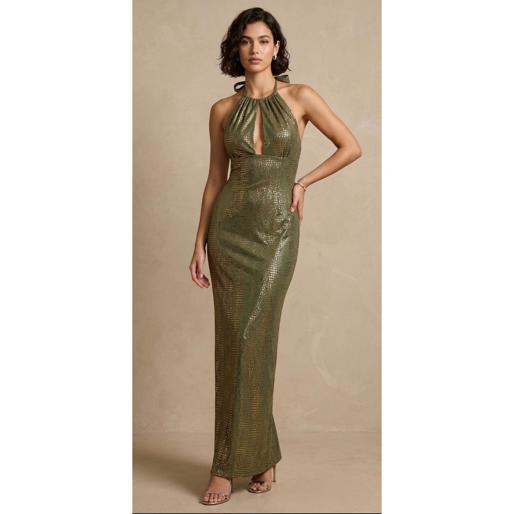 VTG Cache Halter Maxi Dress Womens Size 8 Olive Gold Metallic Y2K Evening Wear - Picture 2 of 7